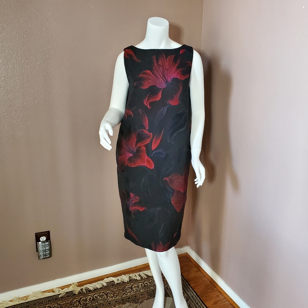 NWT STEFANEL Italian yarn red & black floral jacquard shift dress US size 4